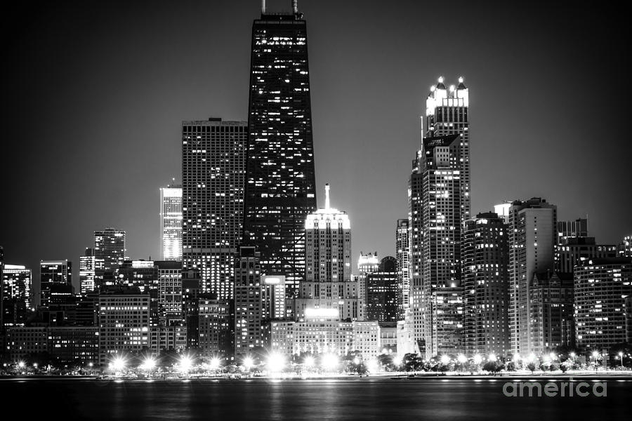 Chicago At Night Black And White Picture Photograph