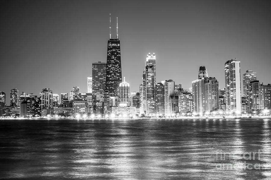 Chicago Photograph - Chicago Lakefront Skyline Black and White Photo #1 by Paul Velgos