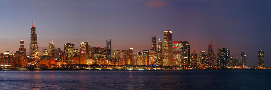 Chicago Skyline Photograph - Chicago Skyline at DUSK Panorama #1 by Jon Holiday