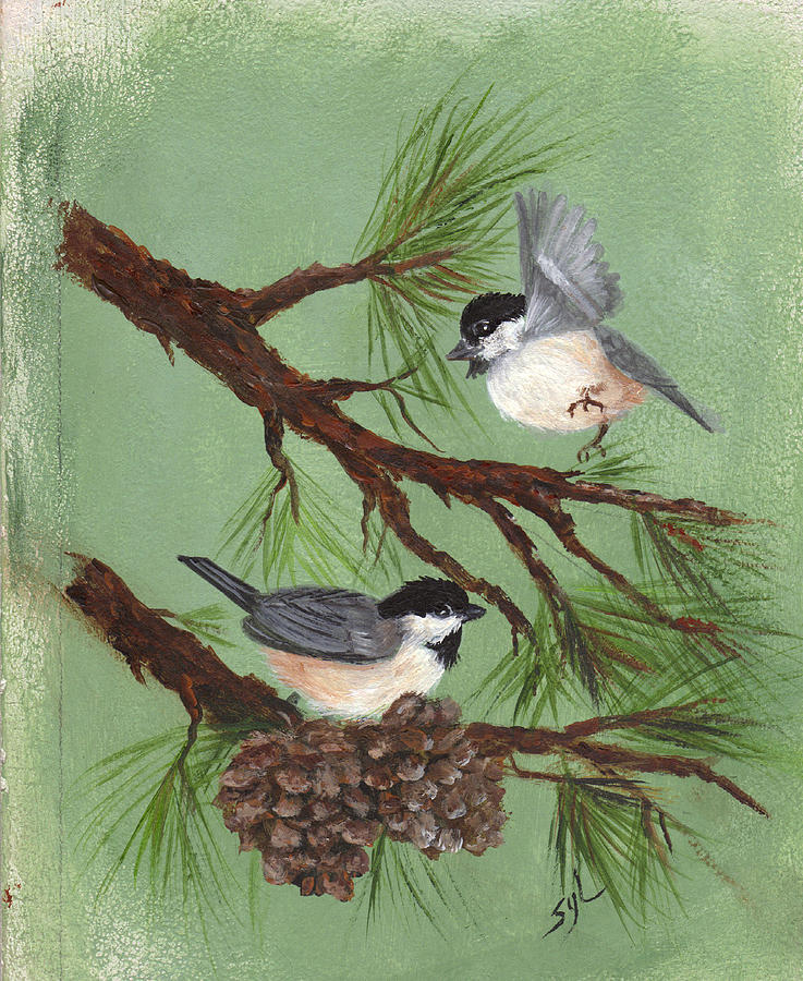 Bird Painting - Chickadees #1 by Syl Lobato