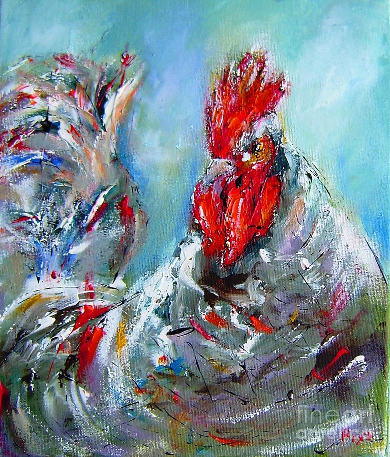 Chicken on blue #1 Painting by Mary Cahalan Lee - aka PIXI