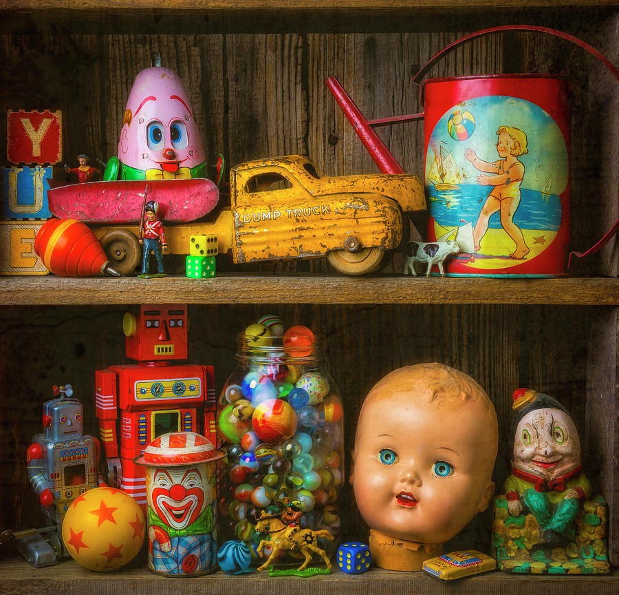 Childhood Toys On Old Shelf #1 Photograph by Garry Gay