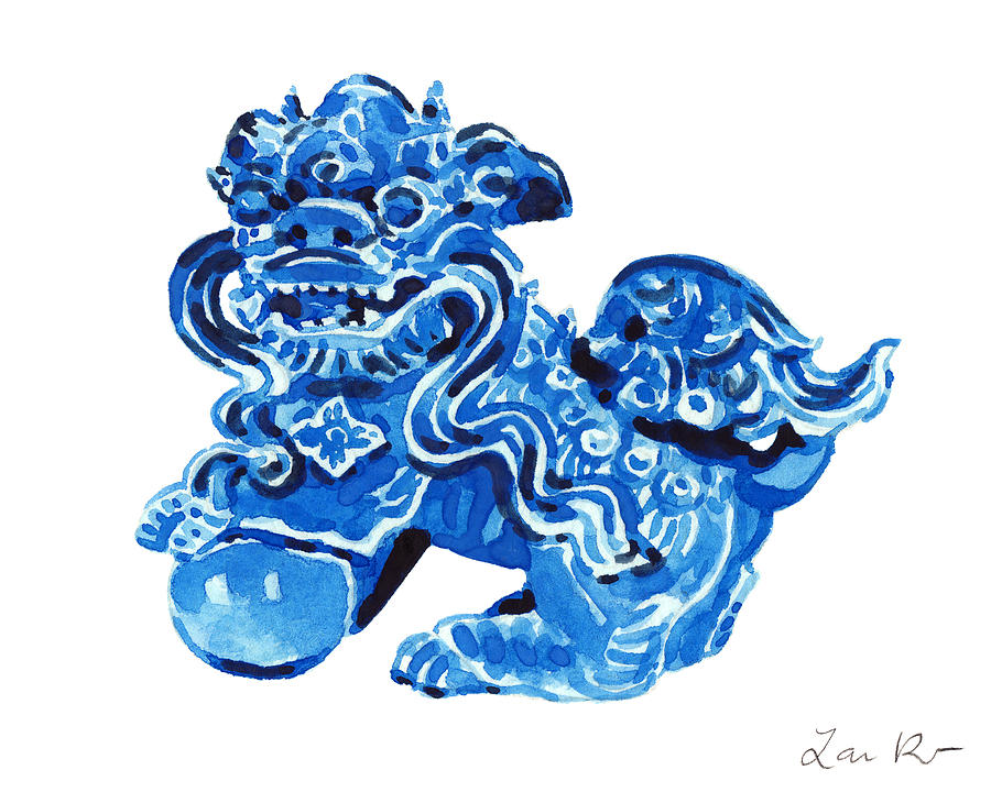 Dog Painting - Chinese Foo Dog - Fu Guardian Lion Blue Ceramic Chinoiserie #1 by Laura Row