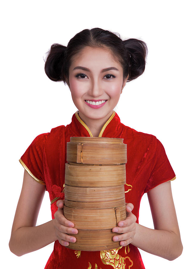 Chinese lady in red chinese dress with dim sum basket  #1 Photograph by Anek Suwannaphoom