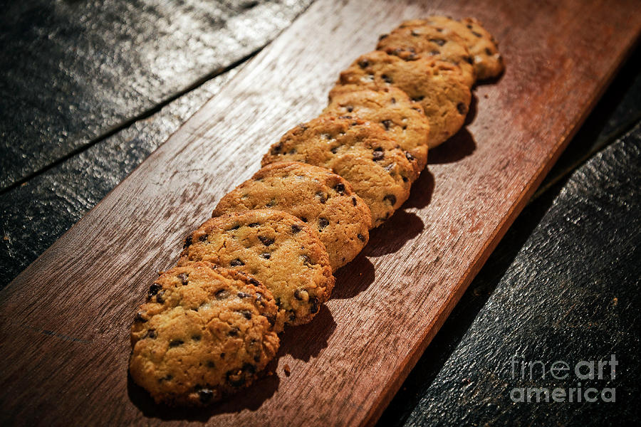 Chocolate Chip Cookie Biscuits On Wooden Board #1 Photograph by JM Travel Photography
