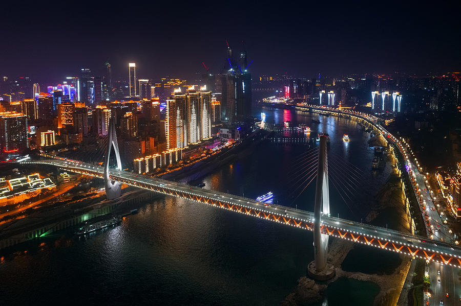 Chongqing bridge night aerial #1 Photograph by Songquan Deng