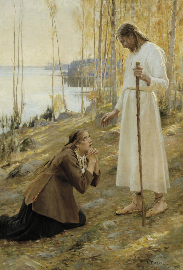 Christ and Mary Magdalene, a Finnish Legend #1 Painting by Albert Edelfelt