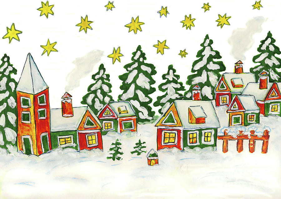 Christmas picture in green and yellow colours #1 Painting by Irina Afonskaya