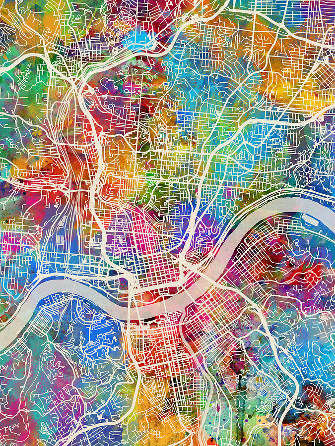 Cincinnati Digital Art - Cincinnati Ohio City Map #1 by Michael Tompsett