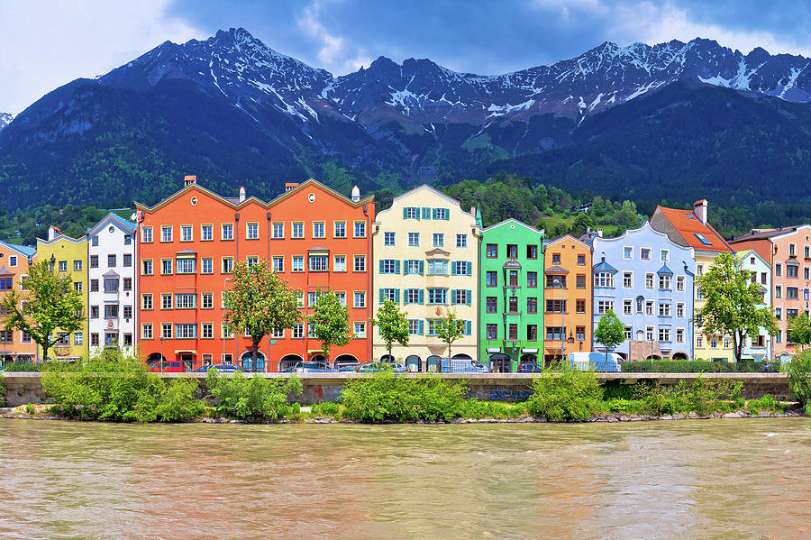 City of Innsbruck colorful Inn river waterfront panorama #1 Photograph by Brch Photography