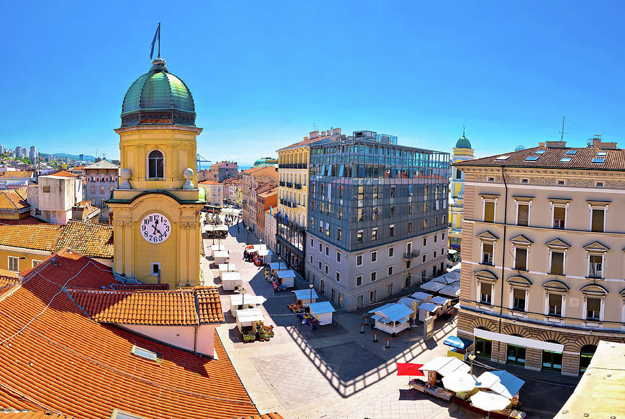City of Rijeka clock tower and central square panorama #1 Photograph by Brch Photography