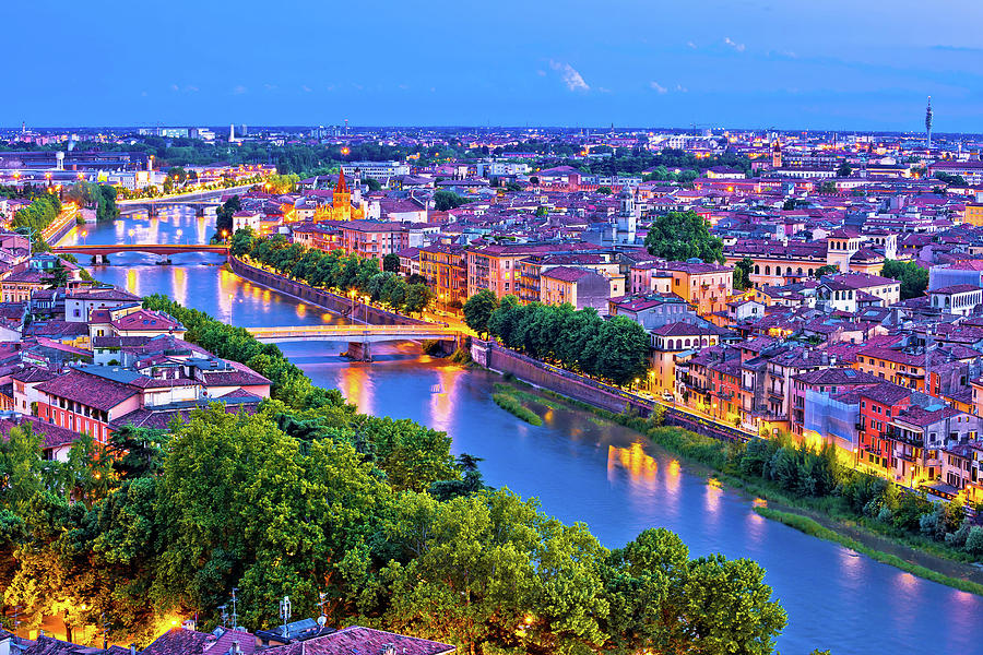 City of Verona and Adige river evening aerial view #1 Photograph by Brch Photography