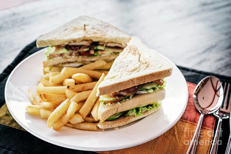 Club Sandwich Snack With French Fries On Plate #1 Photograph by JM Travel Photography
