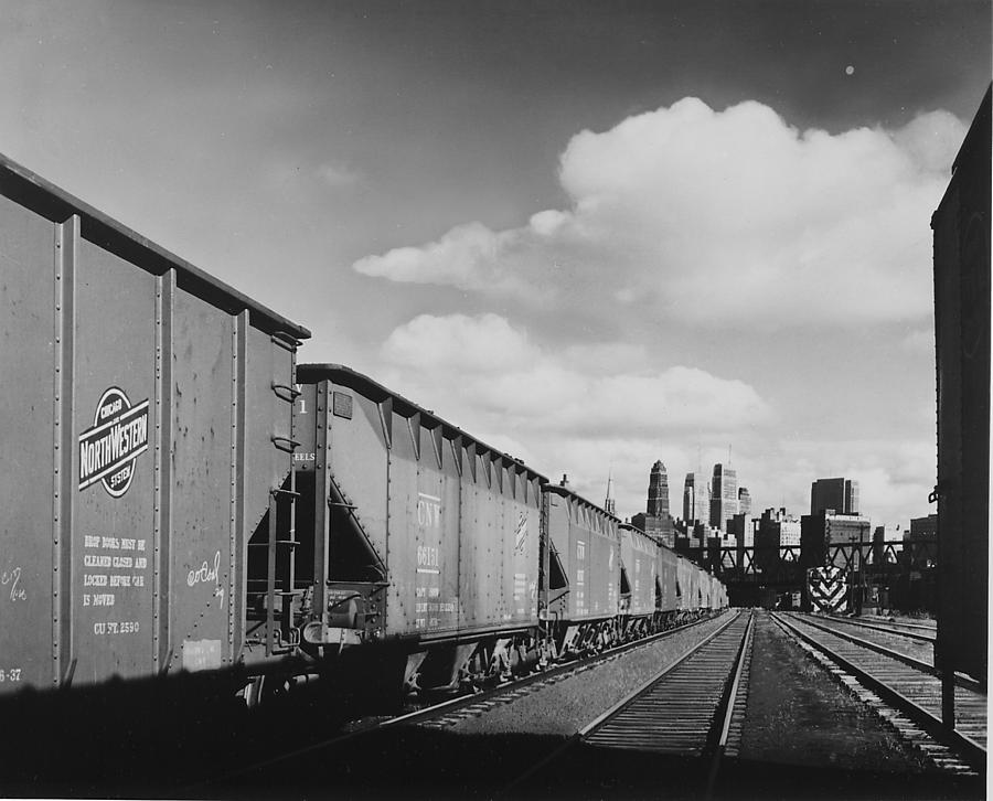 Coal Hoppers With Chicago Skyline on Horizon #2 Photograph by Chicago and North Western Historical Society
