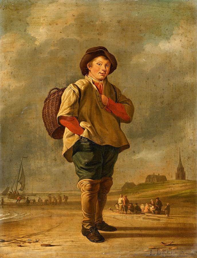 Coastal Scene with a Boy Carrying a Basket #1 Painting by MotionAge Designs