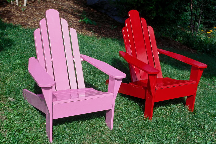 Red Photograph - colorful Adirondack chairs #1 by Sally Weigand