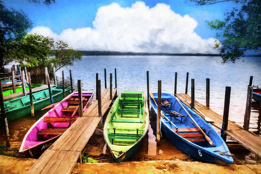 Colorful Rowboats at the Lake Oil Painting #1 Photograph by Debra and Dave Vanderlaan