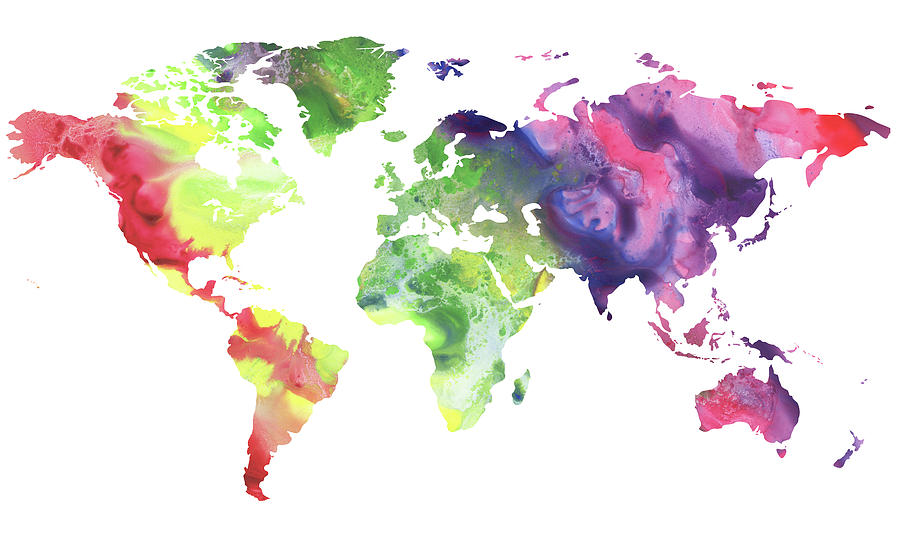 Colorful Watercolor World Map Painting By Irina Sztukowski