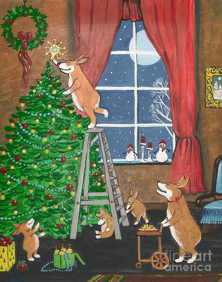 Corgi Family Christmas #1 Painting by Margaryta Yermolayeva