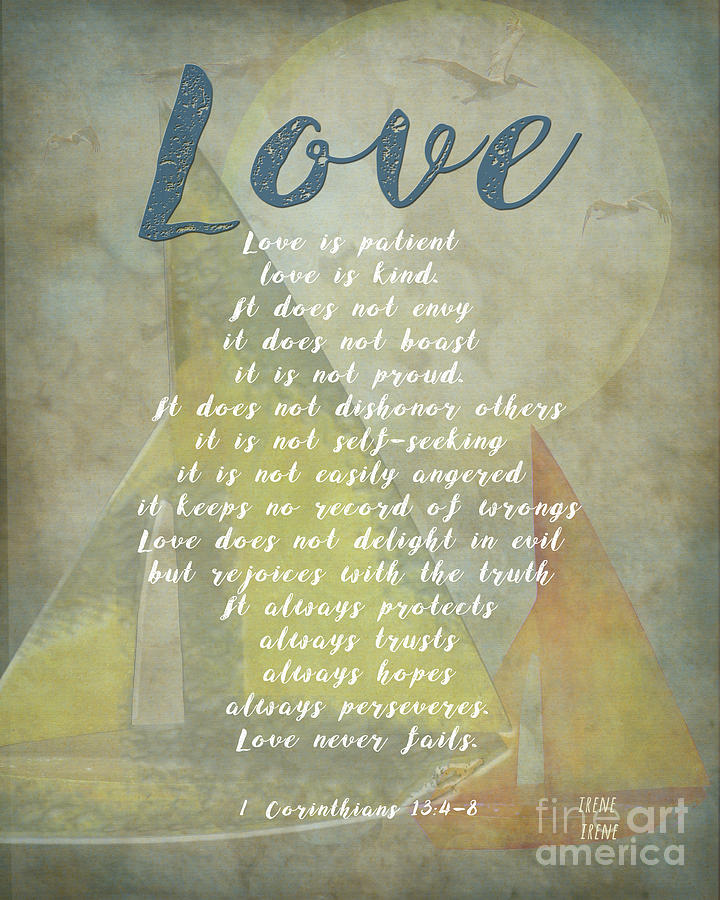 1 Corinthians 13 4-8 love is patient love is kind wedding verses. Great gift for men or home decor. Digital Art by Artist and Photographer Laura Wrede