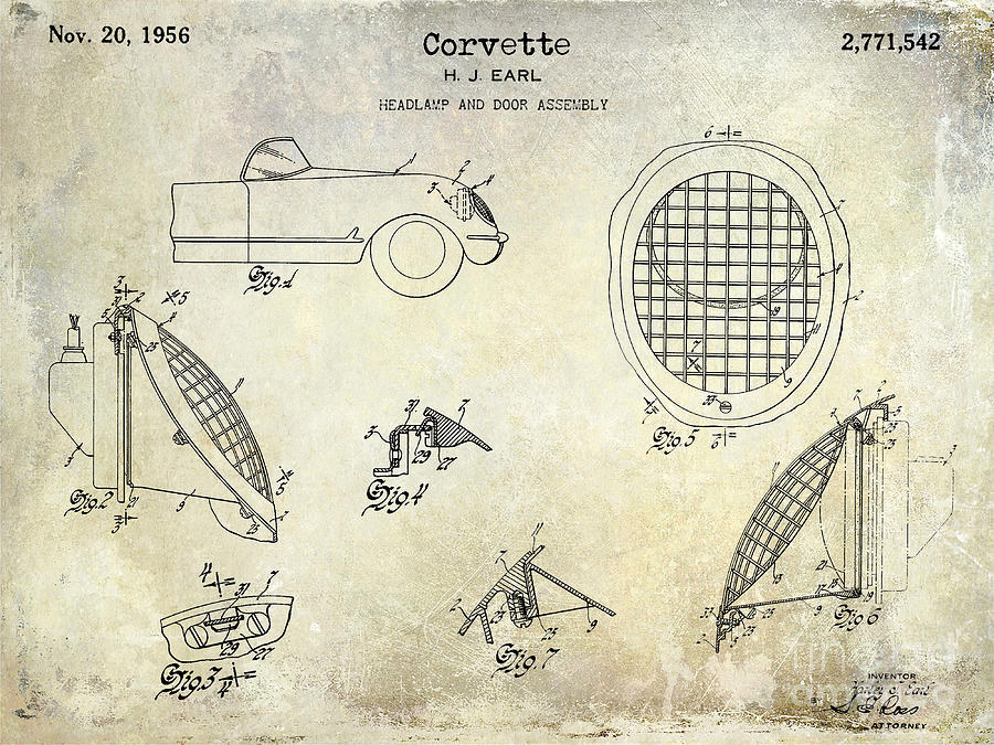 Car Photograph - Corvette Headlight Patent #2 by Jon Neidert