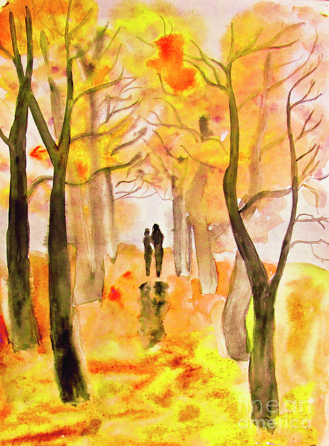 Nature Painting - Couple on autumn alley, painting #1 by Irina Afonskaya