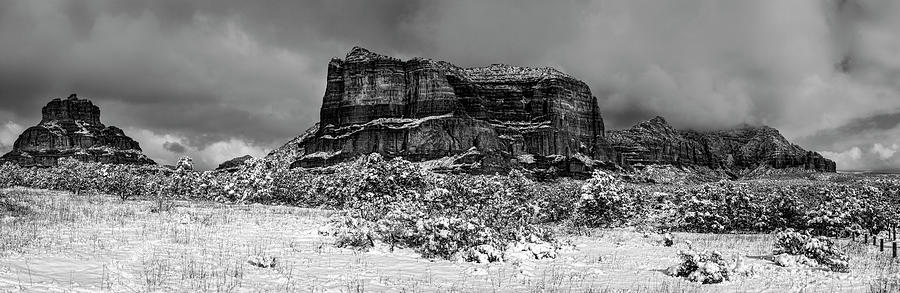 Courthouse Butte and Bell Rock under snow BW Photograph by Alexey Stiop