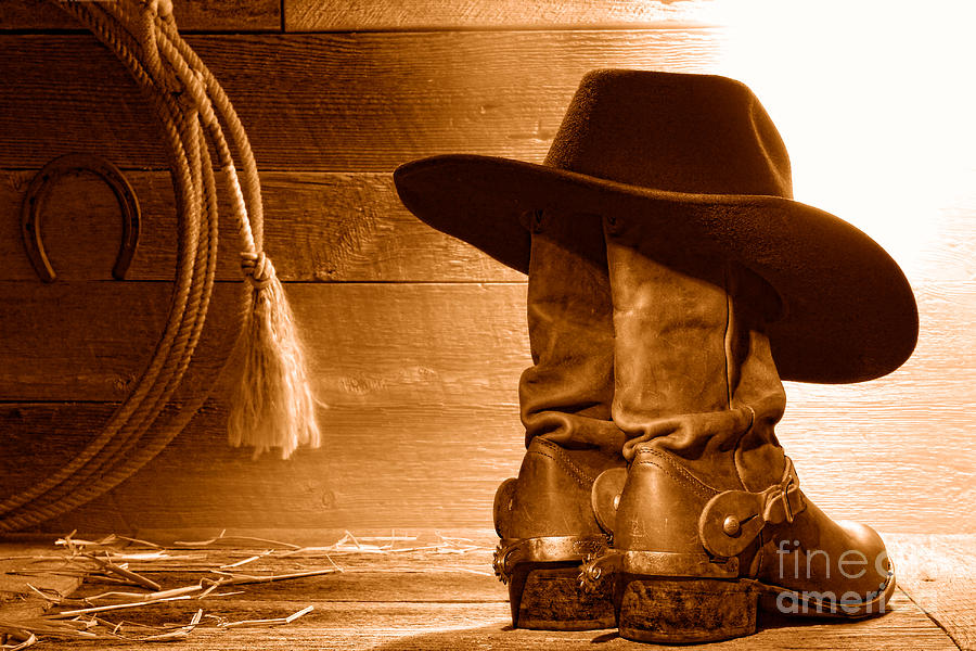 Cowboy Hat on Boots - Sepia Photograph by Olivier Le Queinec - Fine Art ...