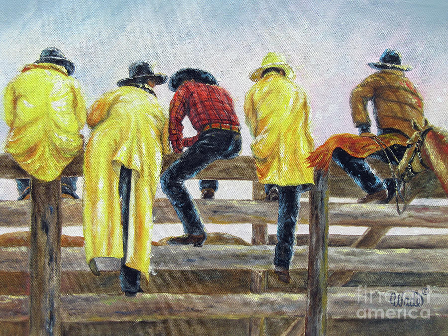 Ranch Hands Painting - Cowboys on Fence #1 by Vickie Wade