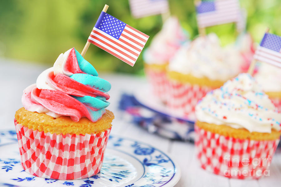 Independence Day Photograph - Cupcakes with red-white-and-blue frosting and American flags on  #1 by Sara Winter