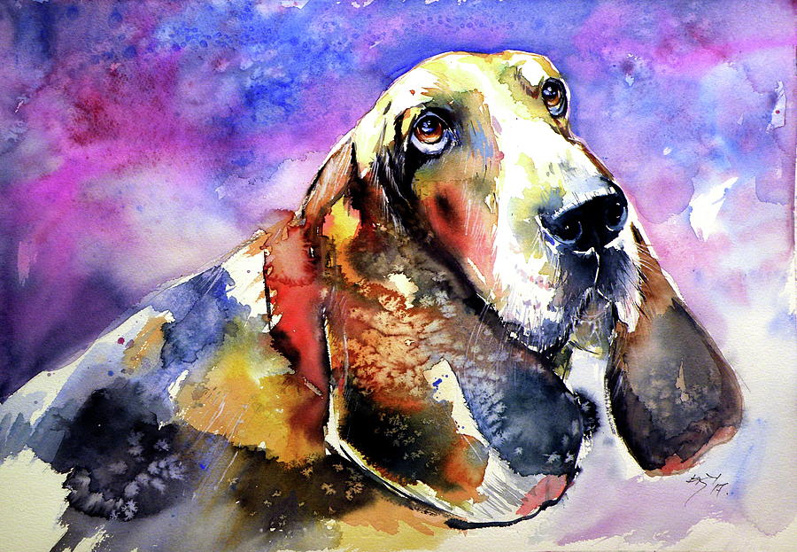 Dog Painting - Cute basset hound #1 by Kovacs Anna Brigitta