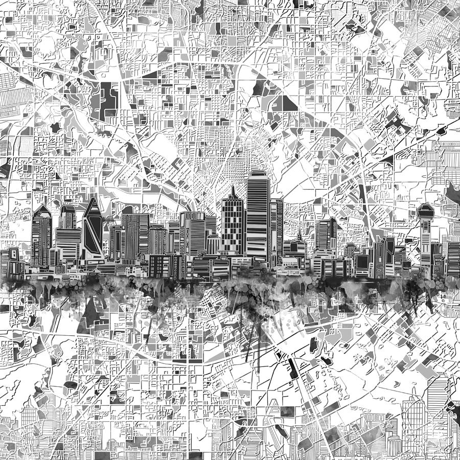 Dallas Skyline Map Black And White 5 #1 Painting by Bekim M