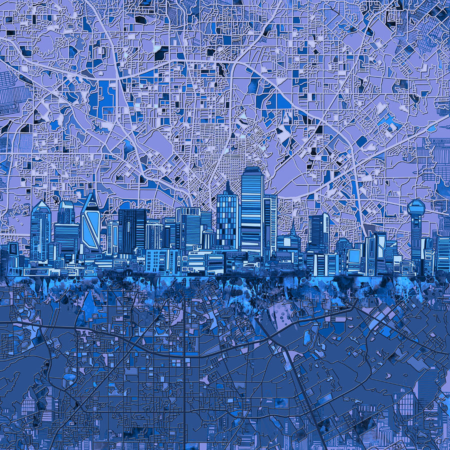 Dallas Skyline Map Blue 5 #1 Painting by Bekim M