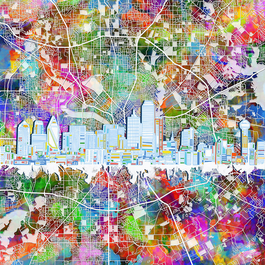 Dallas Skyline Map Color 4 #1 Painting by Bekim M