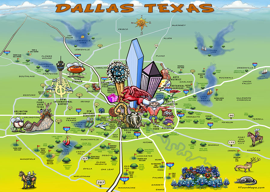 Dallas Texas Cartoon Map Painting by Kevin Middleton