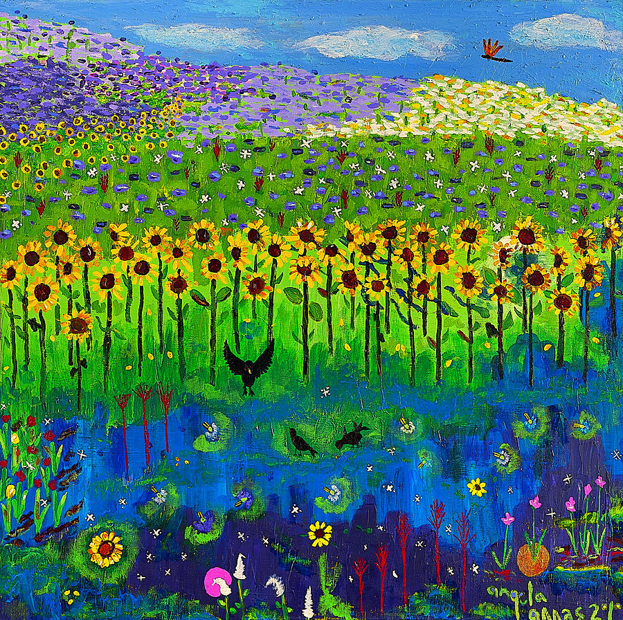 Sunflower Painting - Day and Night in a Sunflower Field  by Angela Annas