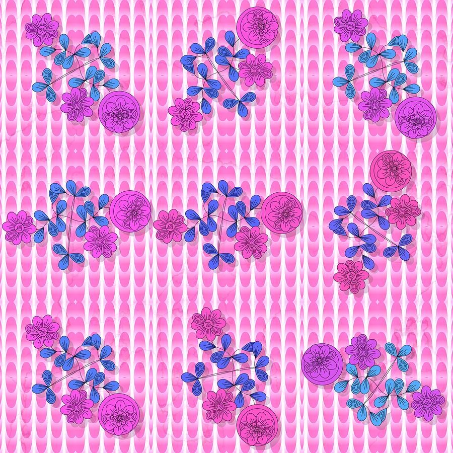 Decorative Floral Pink Blue White Black Seamless Pattern Digital Art