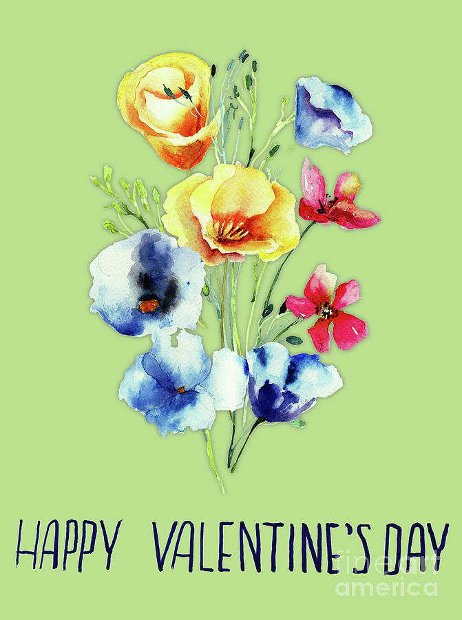 Decorative wild flowers with title happy valentine day #1 Painting by Regina Jershova