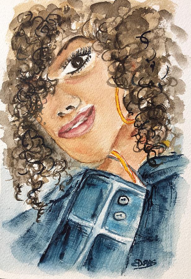 Denim Girl with Curls #1 Painting by Elaine Duras