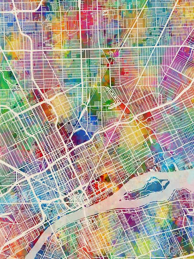 Detroit Michigan City Map #1 Digital Art by Michael Tompsett