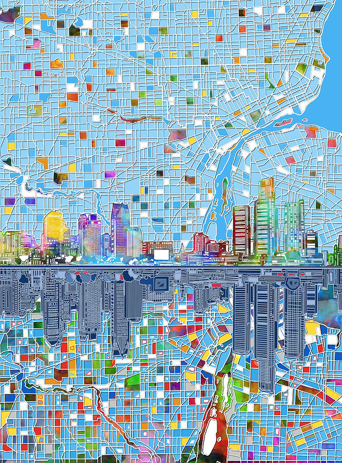Detroit Skyline Map 3 #1 Painting by Bekim M