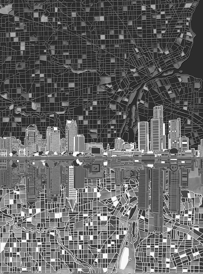 Detroit Painting - Detroit Skyline Map 5 by Bekim M