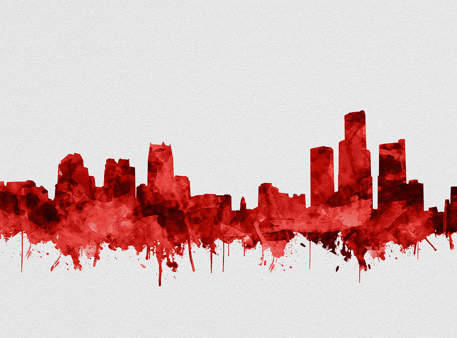 Detroit Skyline Watercolor Red #1 Painting by Bekim M