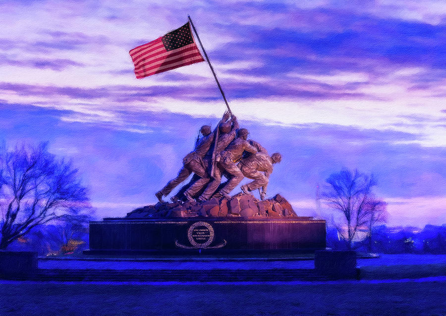 Digital painting of Iwo Jima Memorial at dawn as sun rises #1 Photograph by Steven Heap