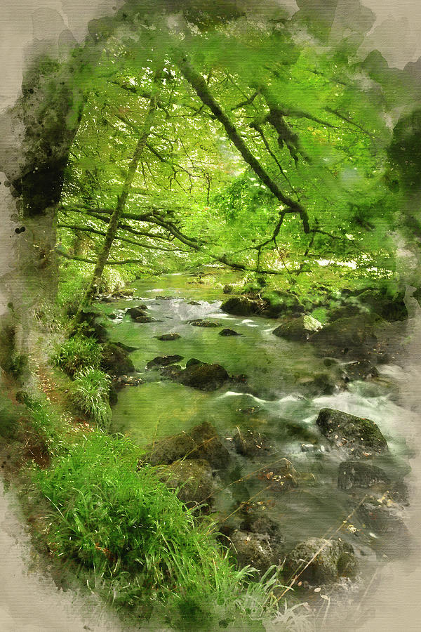 Digital watercolor painting of Stunning landscape of river flowing ...