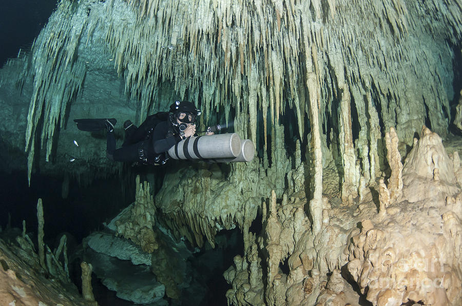 Nature Photograph - Diver Using Side Mount Gear In Cave #1 by Karen Doody