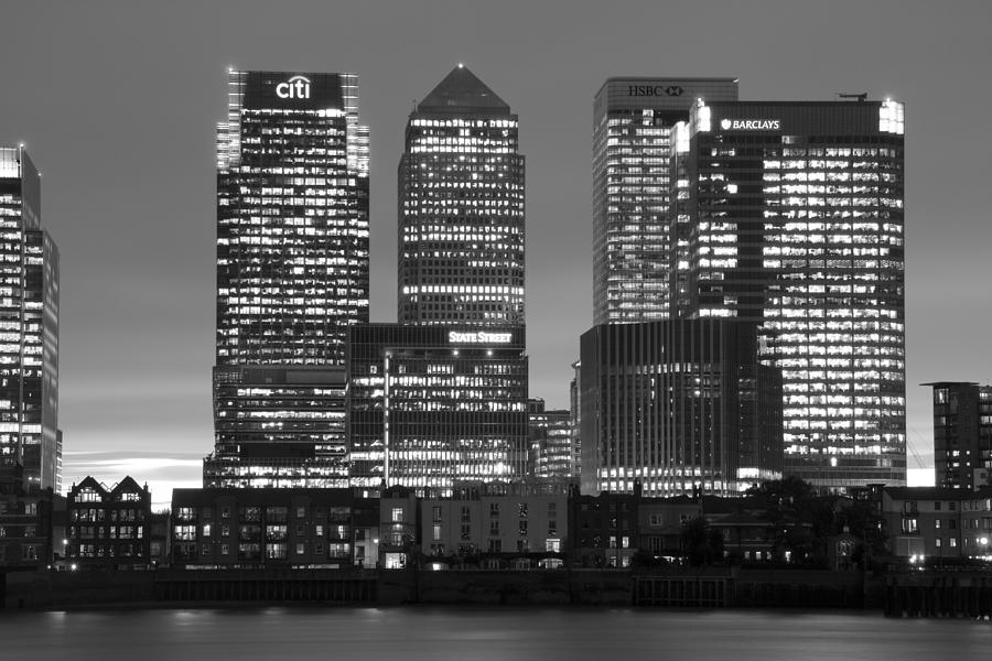 London Photograph - Docklands Canary Wharf sunset BW #1 by David French