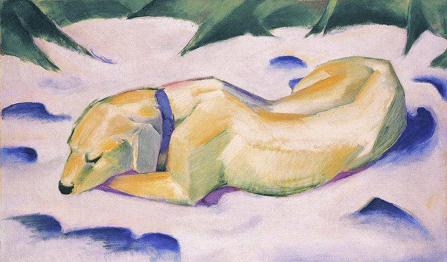 Dog Lying in the Snow #2 Painting by Franz Marc