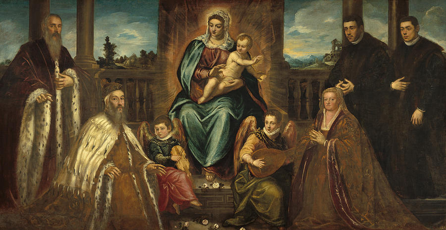 Doge Alvise Mocenigo and Family before the Madonna and Child #1 Painting by Tintoretto