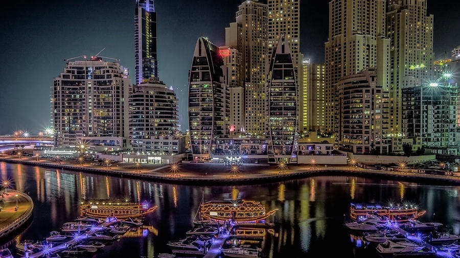 Dubai marina at night #1 Photograph by Ian Watts